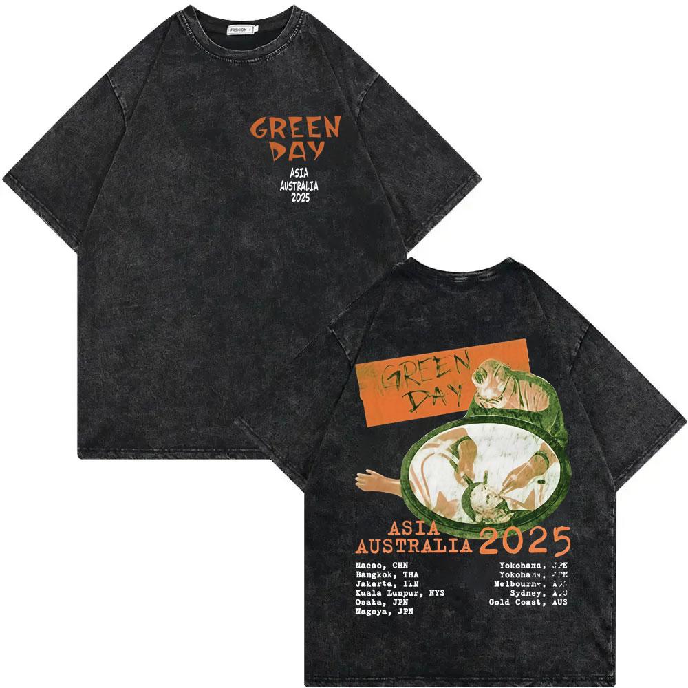 Rock Band Green Day Tour 2025 Merch T Shirt Fashion Rock Vintage Washed Tshirt Men Women Clothing Casual Short Sleeve Tshirts