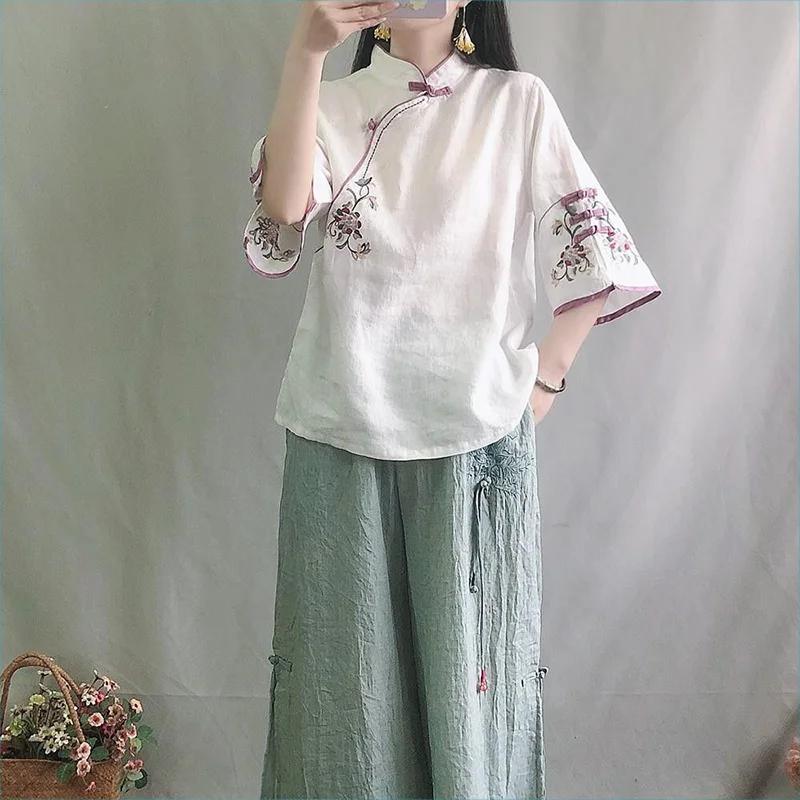 Spring Summer Retro Seven Quarter Ladies' Cotton Linen Shirt Blouse Chinese Traditional Women's Formal Top Ttang Costume Hanfu