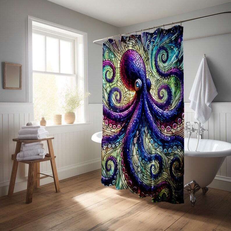 Tenda da Doccia Polpo Vetro Colorato - Decorazione Nautica Artistica, Tessuto di Alta Qualità, Multitaglia Con Anelli