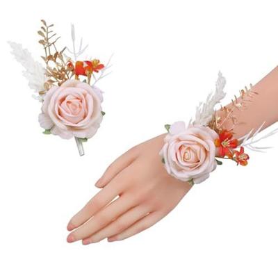 1PC Corsage And Boutonniere Set Simulated Wrist Flower With Chest Flower Rose Prom Flower Wrist Corsage Bracelets For Wedding