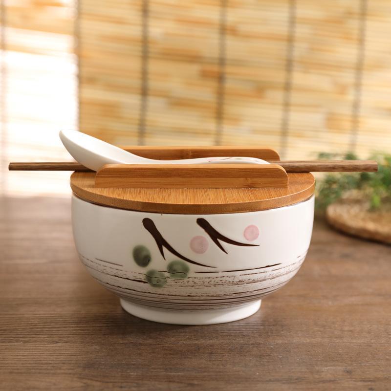 Bol à Nouilles de Riz Style Japonais Avec Couvercle Cuillère Et Baguettes Vaisselle de Cuisine Bol à Salade Soupe en Céramique Récipient Alimentaire Vaisselle