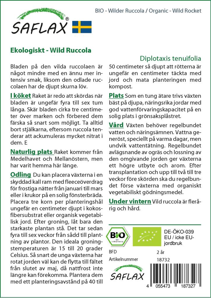 SAFLAX Garden In the Bag - Organic - Wild Rocket - 1500 Seeds - With Substrate In a Fitting Stand Up Bag - Diplotaxis Tenuifolia