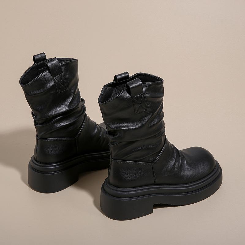Thick-soled Martin Boots, New Women's British Retro Short Boots, Increased Height and Thinness, Thick Heels, Stacked Boots, Medium Boots