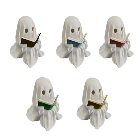 Carina Figurine di Fantasma che Legge un Libro, Piccola Statua di Fantasma di Halloween Illuminata a LED per Decorazione di Libreria, Caminetto, Scrivania
