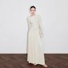 Damen Geraffte Taille Plissiertes Maxikleid Langarm Rundhalsausschnitt Elegantes Kleid