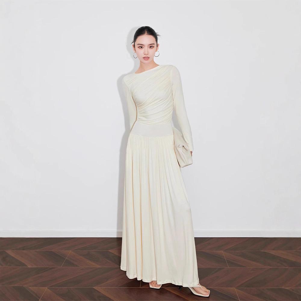 Damen Geraffte Taille Plissiertes Maxikleid Langarm Rundhalsausschnitt Elegantes Kleid