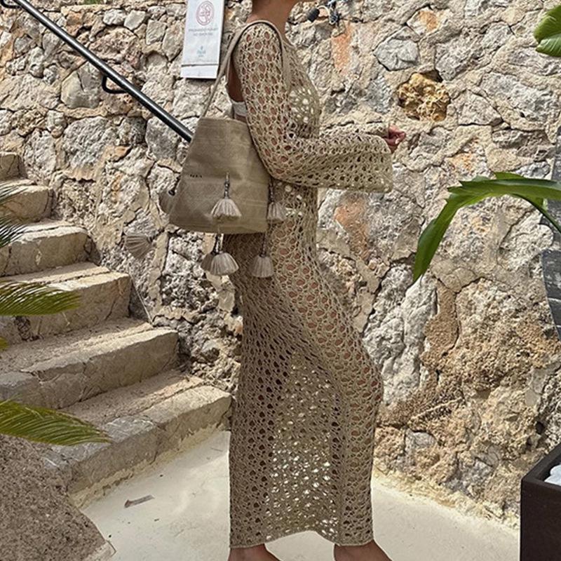 Women's Sexy Hollow Long-Sleeve Round Neck Vacation Beach Cover-Up Dress