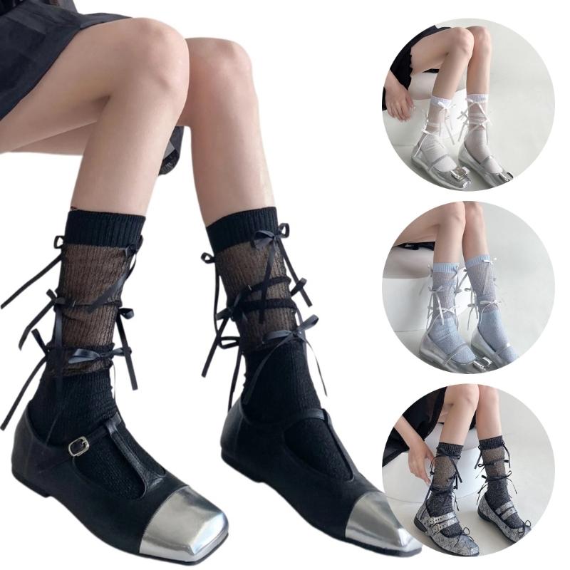 Japanischer Stil Schimmerndes Netz Spleißende Gerippte Über die Wade Socken für Damen Mädchen Niedliche Schleife Schleifenknoten Lange Strümpfe