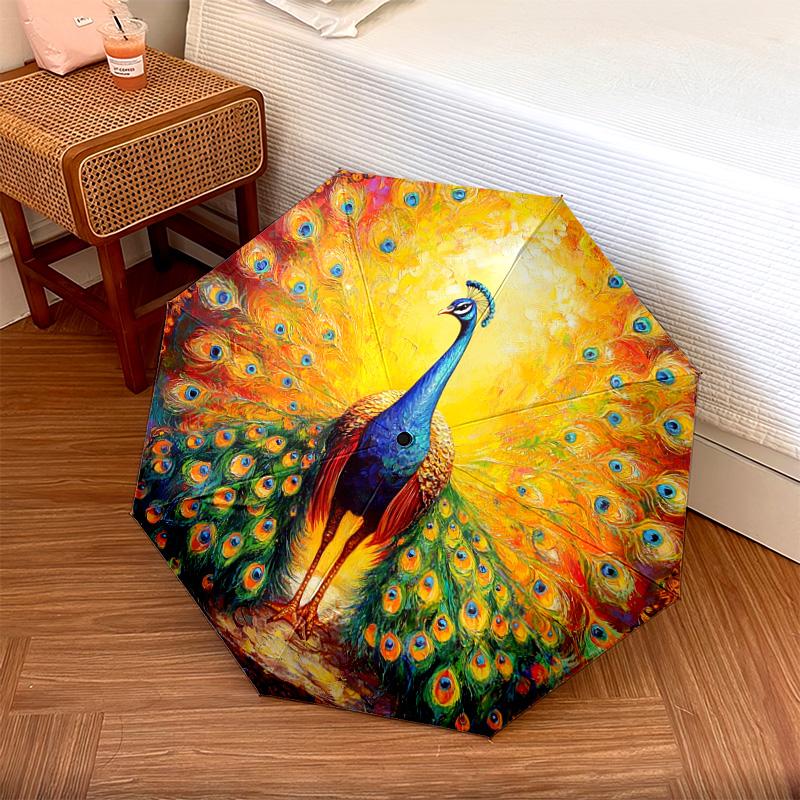1 PC Automatic Folding Umbrella - Peacock Pattern, Portable & Foldable Design with 8 Ribs, Christmas Birthday Gifts