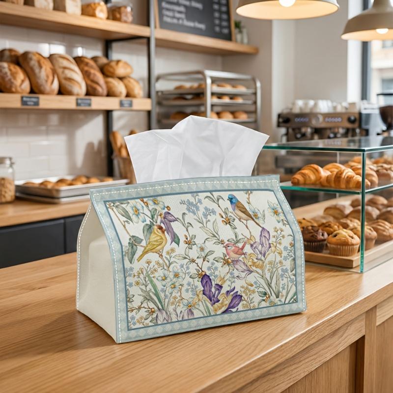 2D Flat, 1 Vintage Botanical Illustration Tissue Box - Birds and Flowers Nature Theme, Party Tissue Box, Multi-functional, Suitable for Kitchen and Di