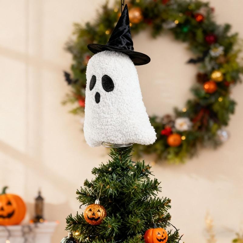 White Specter Pumpkin Shape Tree Toppers Metal Frame Secure Holiday Decoration For Christmas Fireplaces Desktop