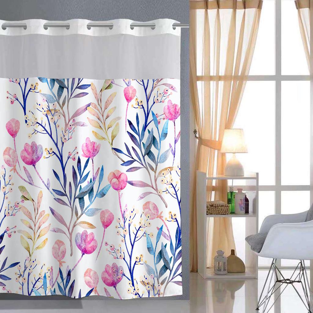 No Hook  Floral Pattern Shower Curtain With Snap-in Fabric Liner, Sheer Top Window, Waterproof Double Layer Bathtub Curtain