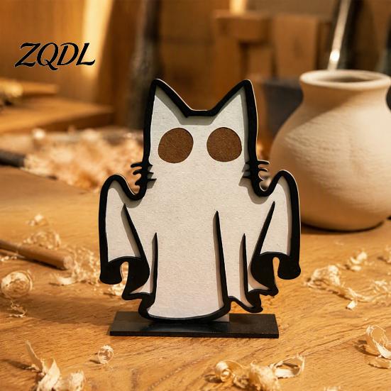 Minimalist Halloween Party Favors Ghost Cat Ornament, Wooden Decoration, Spooky Cute Fall Seasonal Table Centerpieces Centerpiece for Home Office