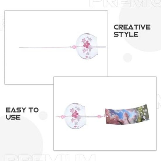 Pink Glass Wind Chime Traditional Japanese Cherry Blossom Design Portable Hanging Decoration Suitable Mothers Day Weddings Beautiful Harmonious Sound.