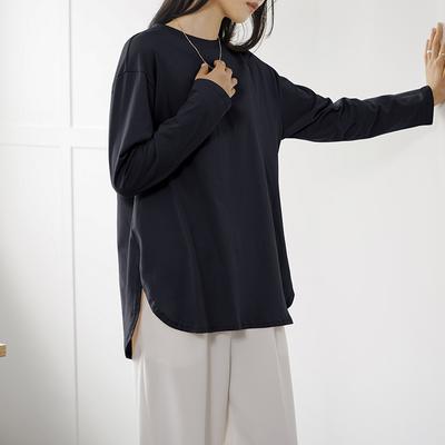 Spring and Autumn Women's Top Long Sleeve Bottom Shirt Solid Color Pure Cotton Fashion Versatile Side Split Inside T-Shirt