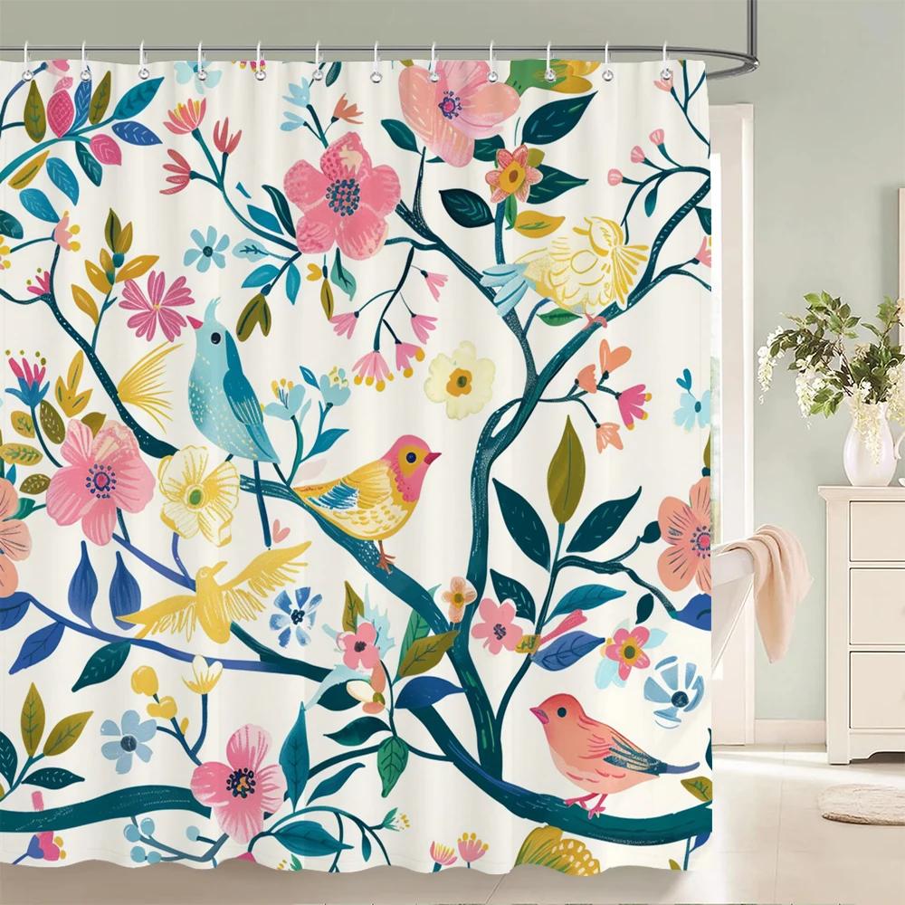 Home Shower Curtains for Bathroom Waterproof Fabric Spring Floral  and Plants Bathroom Curtains with Hooks Decorative Curtain