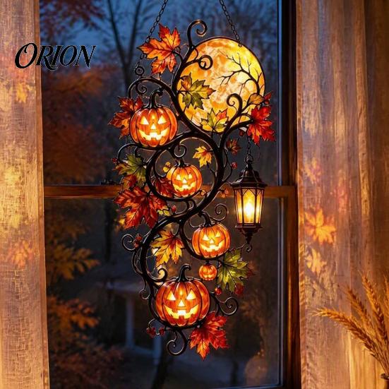 Pumpkin Moon Lantern Ornament Halloween Ornament, Acrylic Stained Glass Window Hanging Decor Decoration, Autumn Maple Leaf Suncatcher Pendant