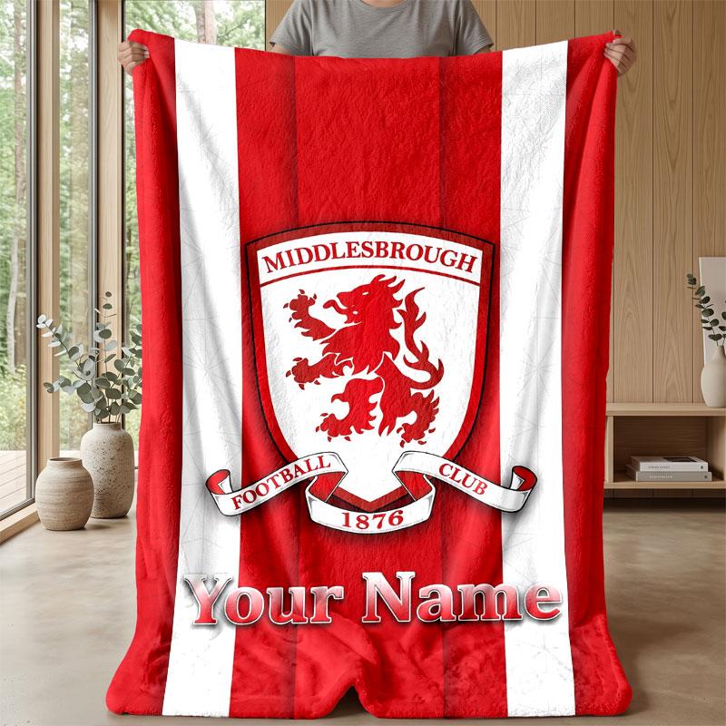Middlesbrough FC Custom Name Text Flannel Blanket Soccer Logo Personalized Fleece Throw Blanket Special Gift For Sofa Bedroom Home