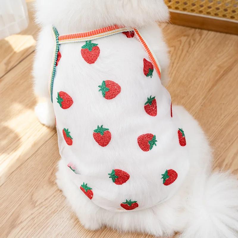 2Pcs Summer Pet Mesh Vest Breathable Strawberry Dot Dog Clothes for Small Dogs Cats Puppy Sunscreen Shirt