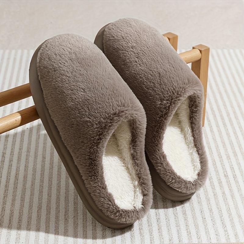 Warm and Comfortable Thickened Men's/Women's Solid Color Plush Slippers with Faux Fur Lining, Autumn and Winter Soft Sole Comfortable Home Slippers