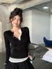 Elegant Korean Style Faux Two-Piece Long-Sleeve Women's T-Shirt, Slimming Base Layer Top - 2025 Autumn Arrival