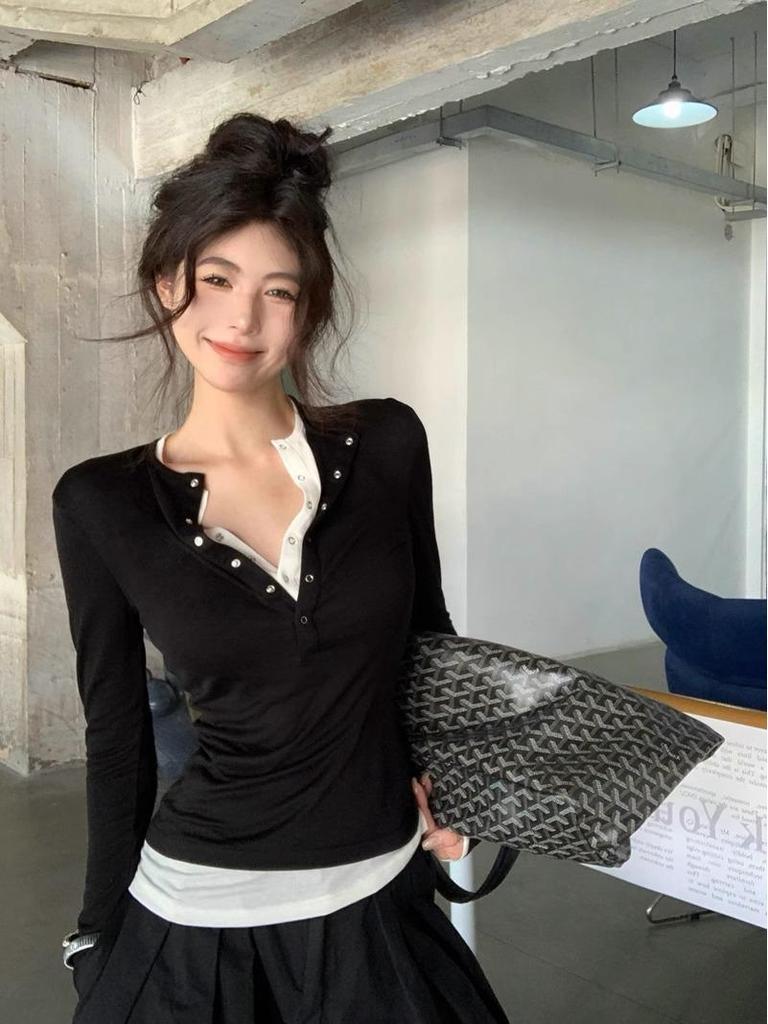 Elegant Korean Style Faux Two-Piece Long-Sleeve Women's T-Shirt, Slimming Base Layer Top - 2025 Autumn Arrival