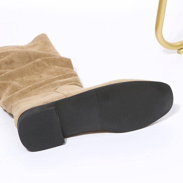 Pleated Boots Women Black Nude Faux Suede Flock Knee High Boot Ladies Flat Autumn Winter Dress Shoe Solid Slip on Botas