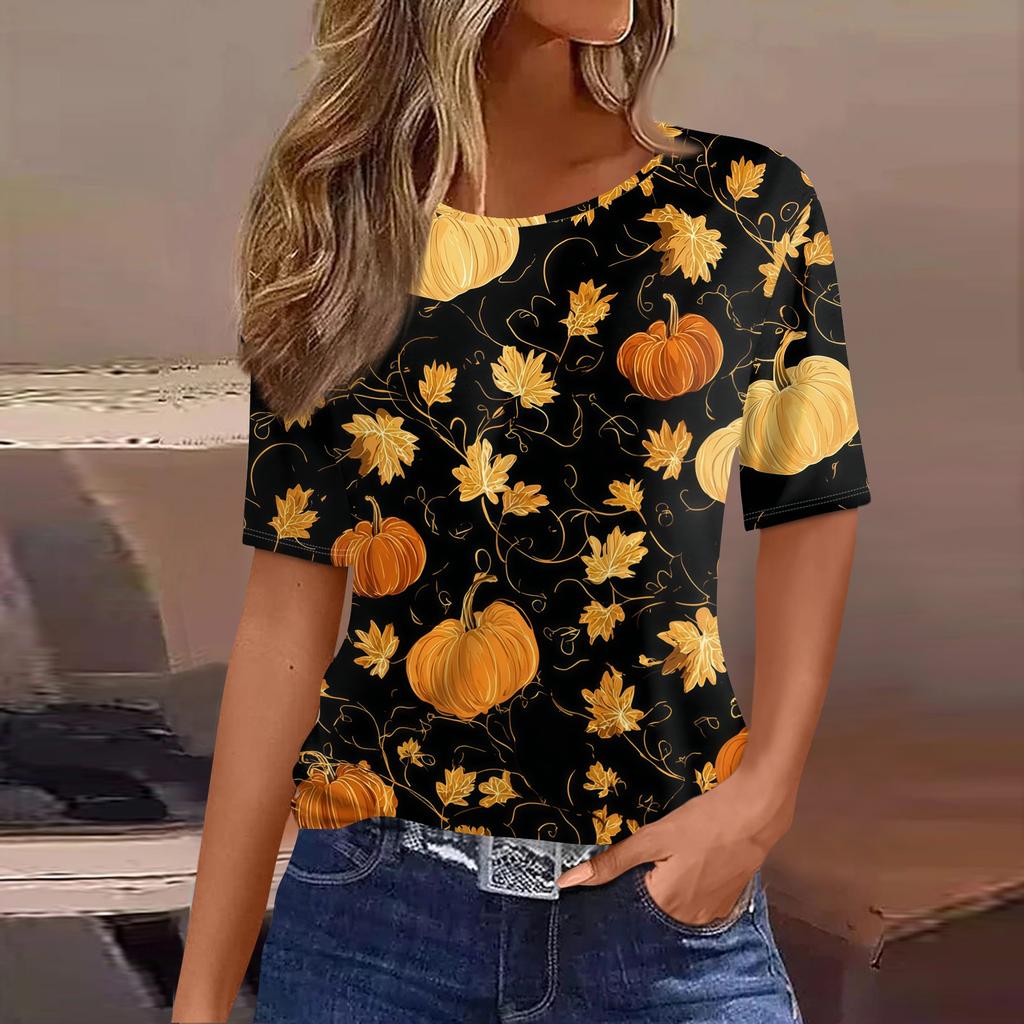 Women's Casual Short Sleeve Pullover Top Halloween Spider Web Pumpkin Print Round Neck Blouse Lightweight Comfortable Fit