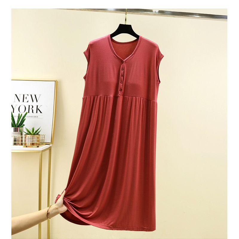 

Modal V-neck Breasted Dress Belt Chest Pad Plus size Long Home Dress Sleeveless Loose Thin plus Size Nightdress Brick Red Free size [recommend 40.00 kg-80.00 kg]]