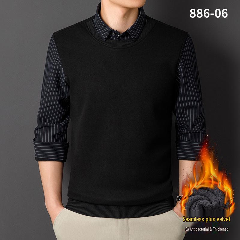 Men s Khaki Plaid Knit Faux Two-Piece Antibacterial Velvet Warm Shirt 3XL (80-90 kg)