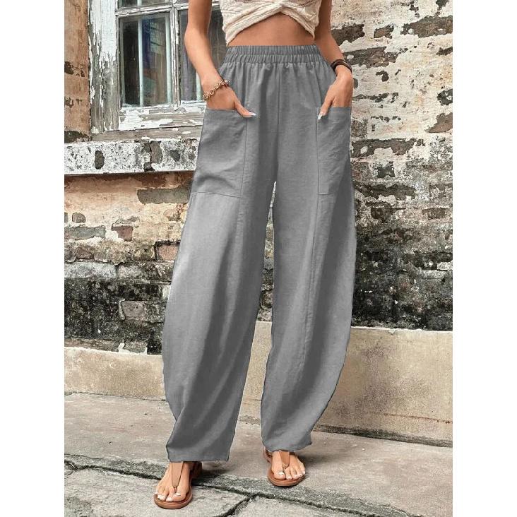 Women's Solid Color Pocket Casual Pants, Elastic Waist Long Trousers