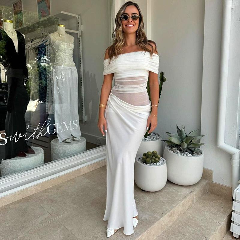 European and American New 2026 Temperament Sexy Solid Color One-word Neck Mesh Waist Slim-fitting Pleated Dress Wholesale