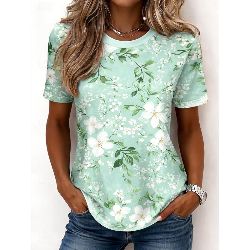 Women s T Shirt Print Floral Graphic Plants Bohemia Hawaiian Stylish Short Sleeve Crew Neck Long Tops Summer S