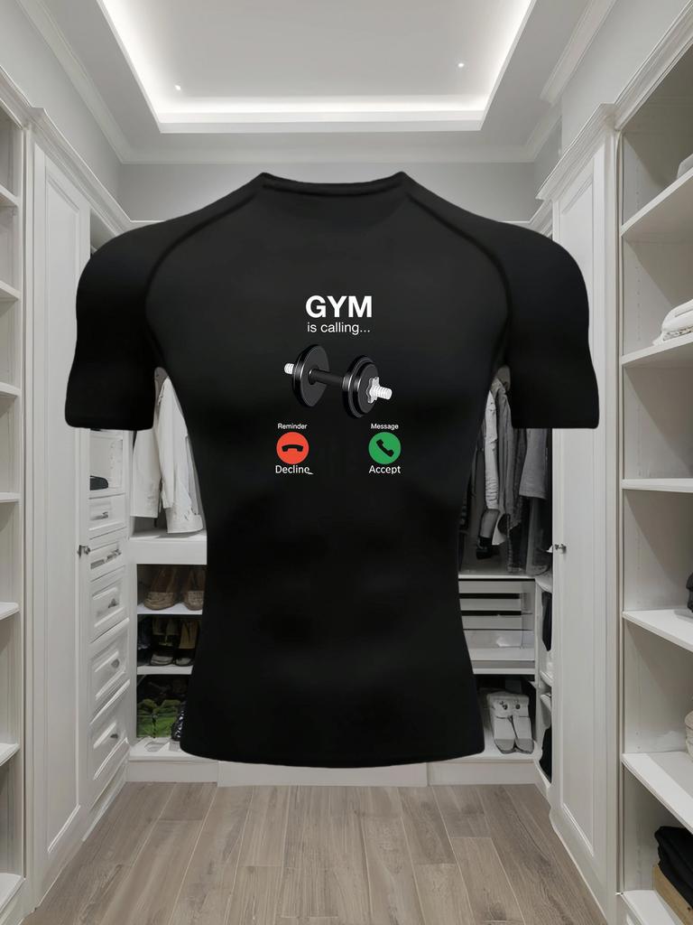 Men's Compression Shirt Quick Dry Gray Gym T-Shirt "GYM Is Calling" Dumbbell Print Workout Sportswear Lifestyle To Gym Men's Compression Shirt