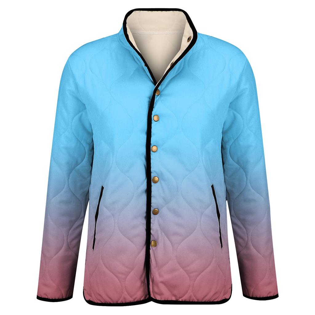 Ladies' Gradient Printed Stand Up Collar Pleated Cotton Long Sleeved Buttoned Cotton Jacket