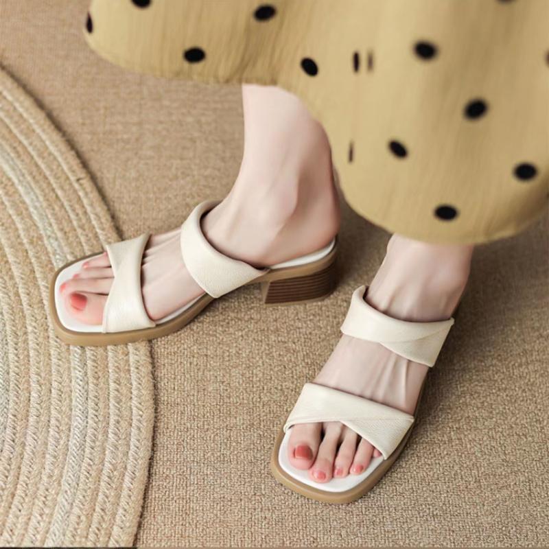 Fashion Square heel Low Slippers Women Summer Female Shoes Slides Heeled Mules Fashion Block 2024 High Luxury Rome Fabric Rubber PU Hoof