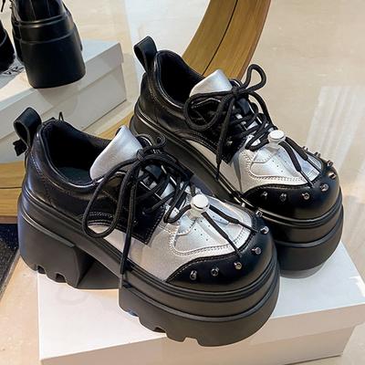 Damen Punk Schuhe 10 CM Plateau Oxfords Nieten Design Schuhe Mode Klobige Mary Janes Bequeme Lässige Outdoor Schnür-Loafer
