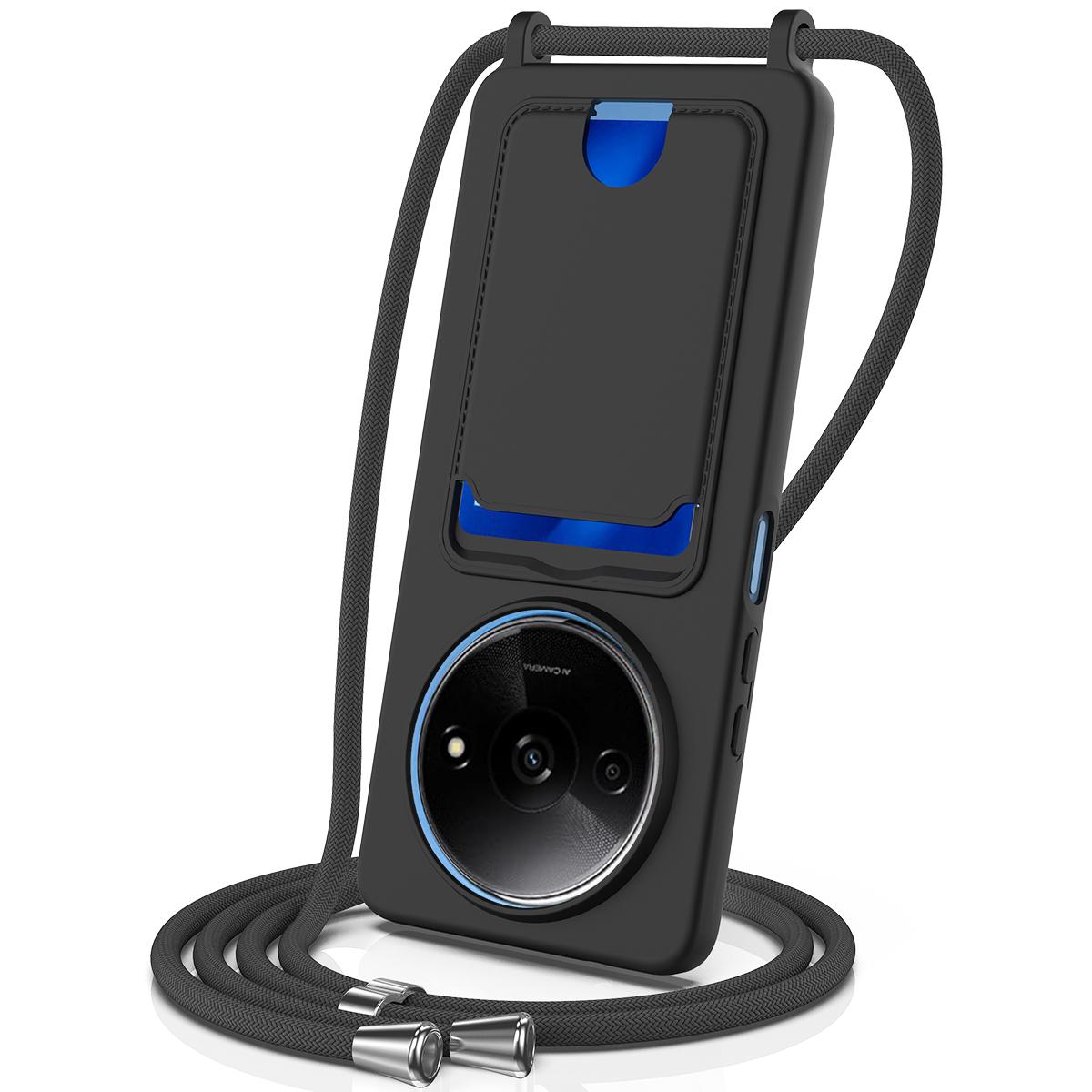 

Рідкий силіконовий чохол для Xiaomi Redmi A3 4G/A3x 4G/Poco C61 4G з тримачем для карток, задня кришка для телефону зі шнурком Black