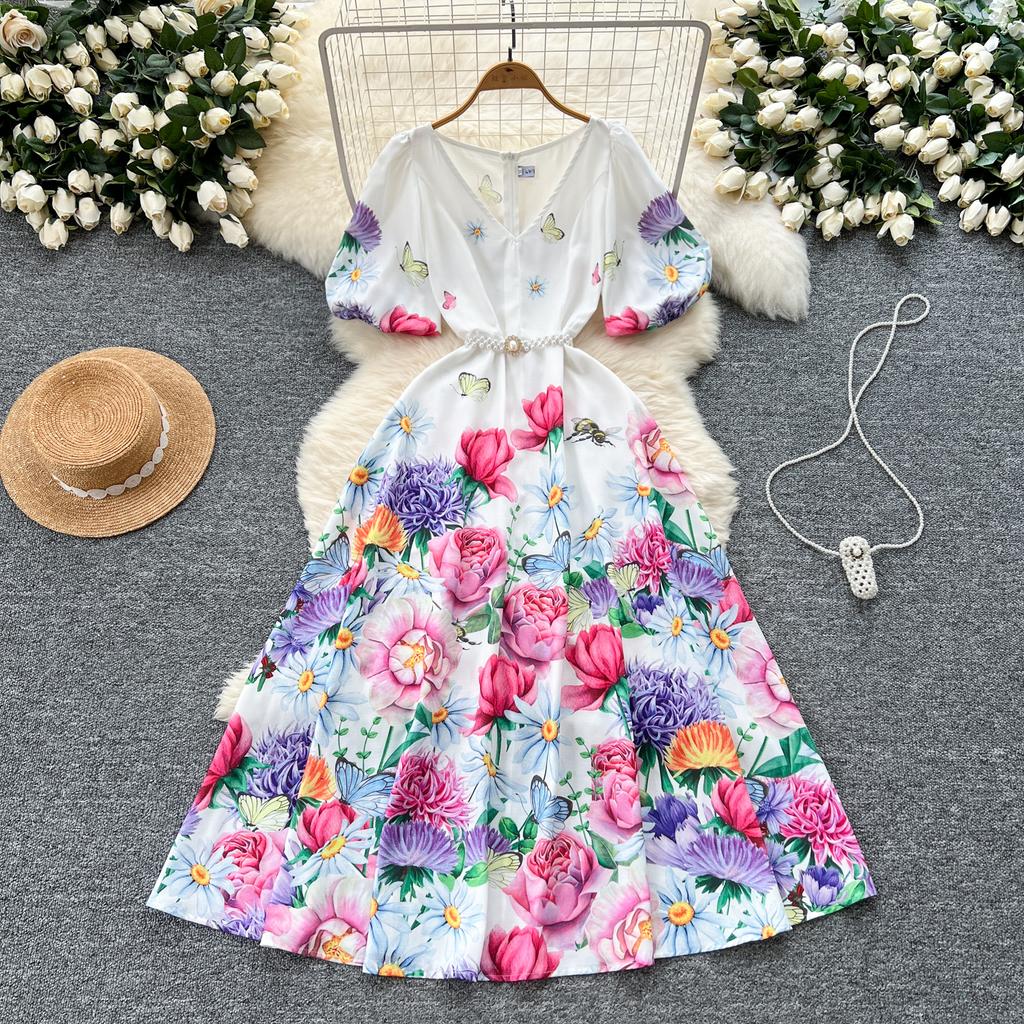 Summer Women V-neck Half Sleeve Print Long Maxi Holiday Beach Dresses with Belt