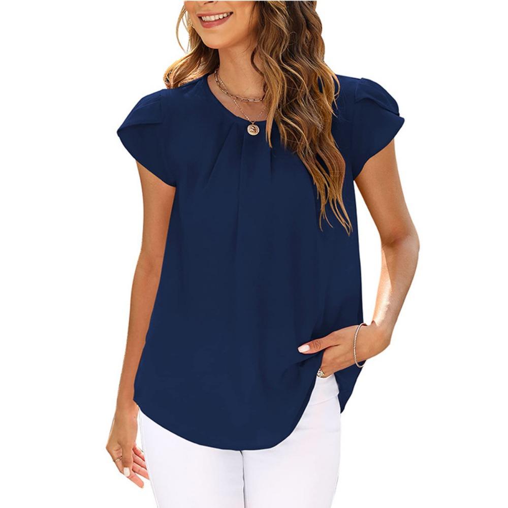 Women's Pleated Round Neck Petal Short Sleeve Loose Chiffon Top