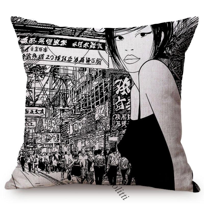 Sketch Hand-Painted Woman Portrait Cotton Linen Throw Pillow Case Fashion Girl Room Sofa Decoration Cushion Cover Cojines