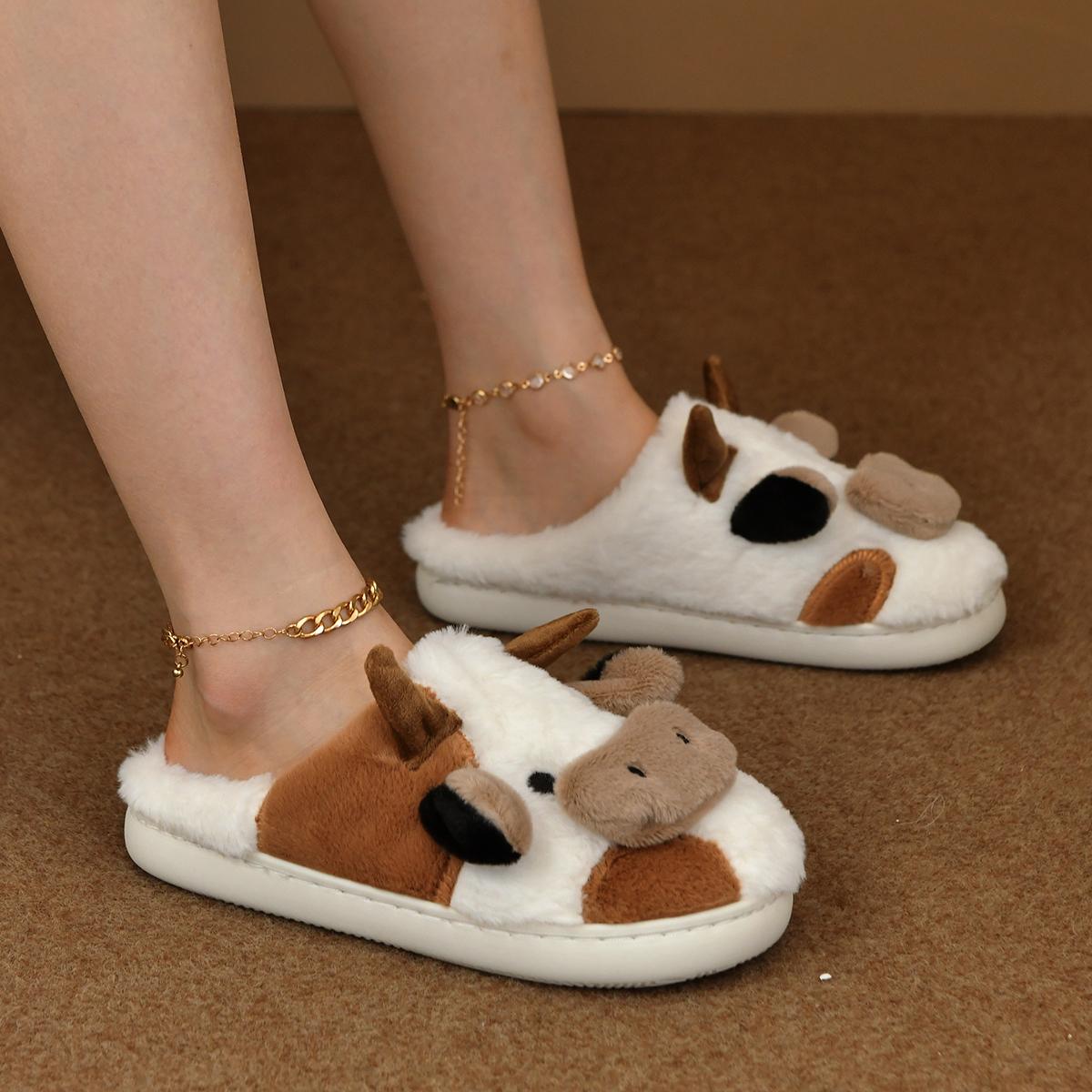 

Женские тапочки, новые зимние теплые плюшевые тапочки с рисунком коровы, для пар, для дома, нескользящие, для дома, хлопковые сандалии Baotou, для женщин 44-45 хаки