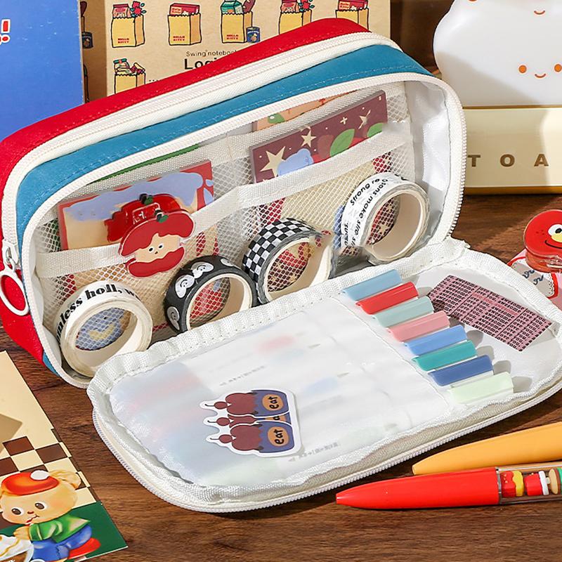 Estojo de Lápis Vintage Estilo Americano Grande Capacidade Color-Block - Organizador Multiuso de Suprimentos e Acessórios Para Aprendizagem