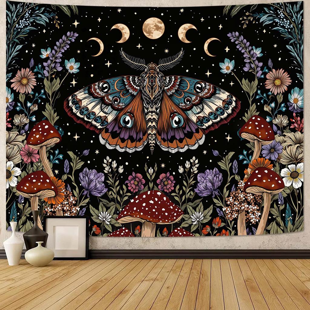 Hippie Witchy Moth Tapestry, Moon Mushroom Aesthetic Floral Wall Art, Mystic Moon Phase Decor For Living Room Bedroom Home