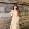 Damen figurbetontes quadratischer Ausschnitt Chiffonkleid - Langarm, mittellang, Britischer Stil für Frühling/Herbst
