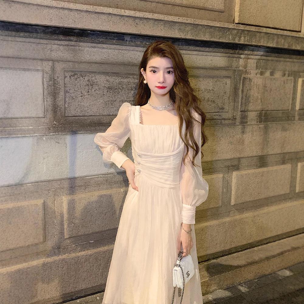 Women's Slimming Square Neck Chiffon Dress - Long Sleeve, Mid-Length, British Style for Spring/Autumn