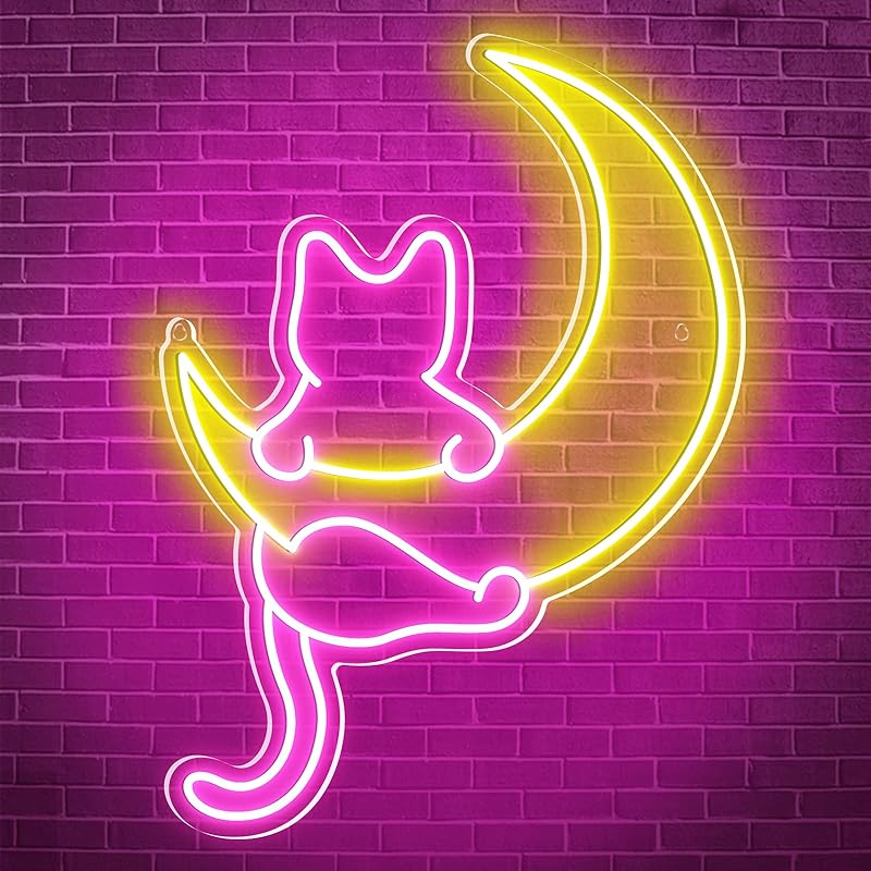Anime Cat & Moon Neon Sign, Personalized Neon Signs for Wall Decor, LED Night Lights Home Decor Lights Backdrop LED Light up Signs for Game Room Sign
