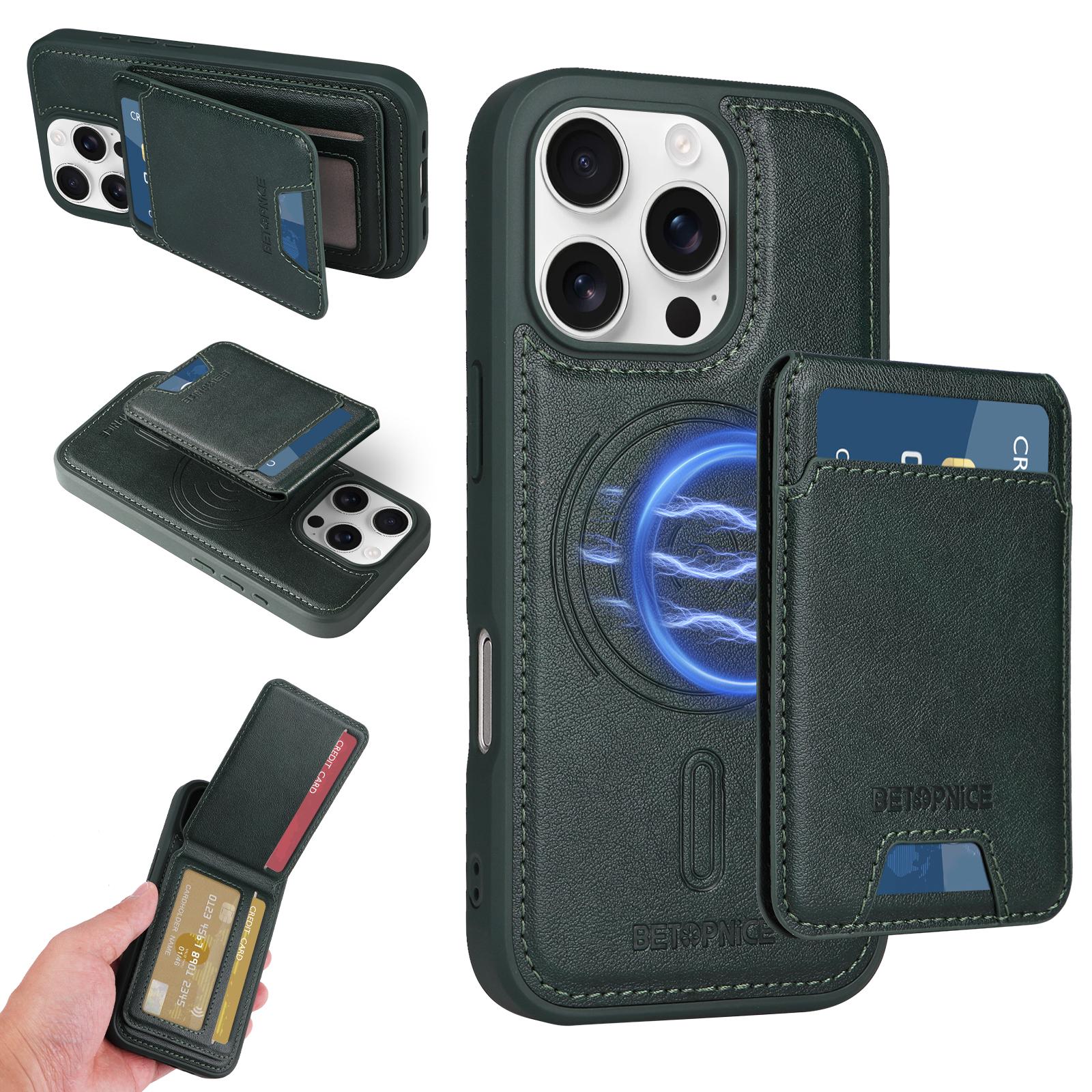

For iPhone 16 Pro Magnetic Case BETOPNICE RFID Blocking Leather Phone Back Cover with Detachable Card Bag Green