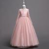 Girls Long Sleeve Mesh Ball Gown Lace Trim Rhinestone Wedding Party Princess Dress Stage Performance Outfit