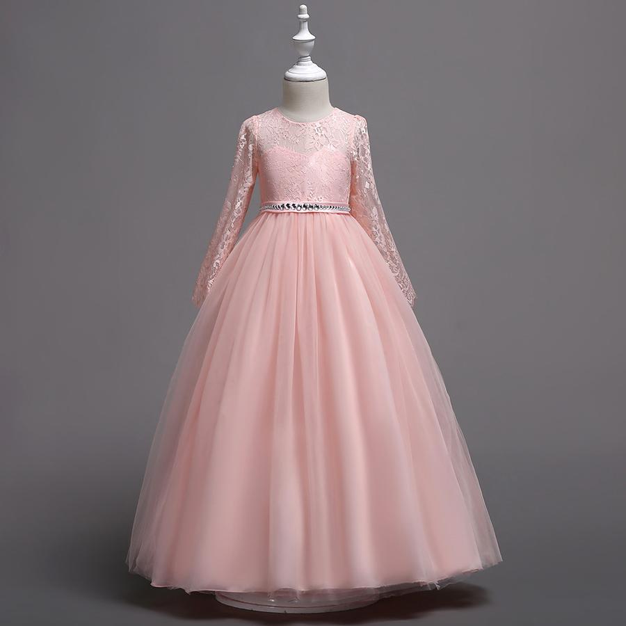 Girls Long Sleeve Mesh Ball Gown Lace Trim Rhinestone Wedding Party Princess Dress Stage Performance Outfit